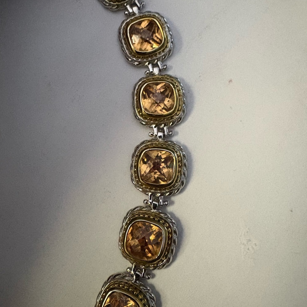 VTG Sterling Silver 925 2 Toned CZ Citrine Chunky Tennis Bracelet 7" Stunning - Picture 2 of 12
